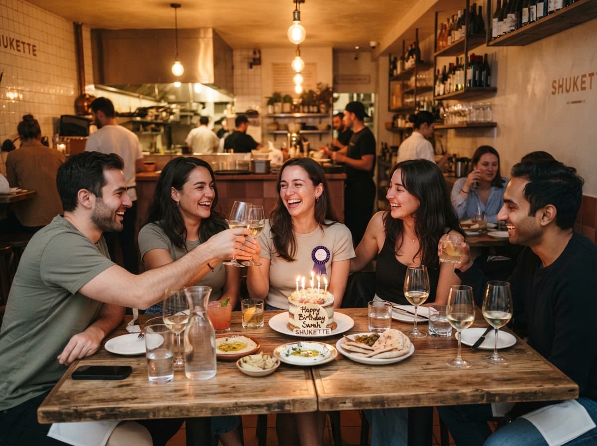 A group celebrating a birthday at Shukette