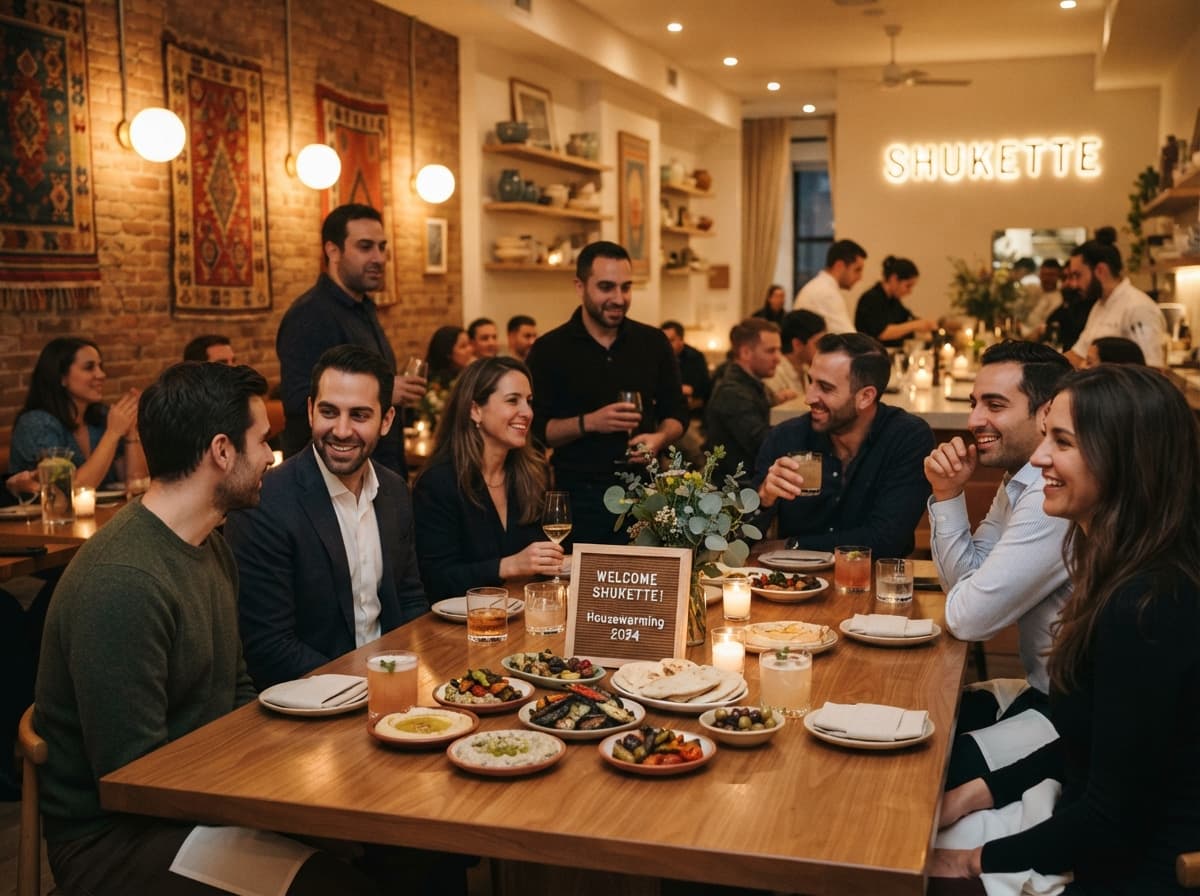 A group celebrating a housewarming at Shukette