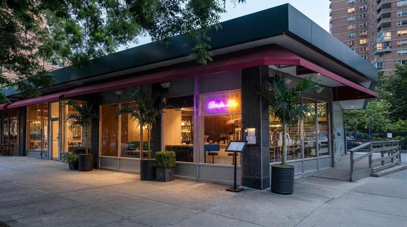 Shukette's storefront on Ninth Avenue in Chelsea at dusk
